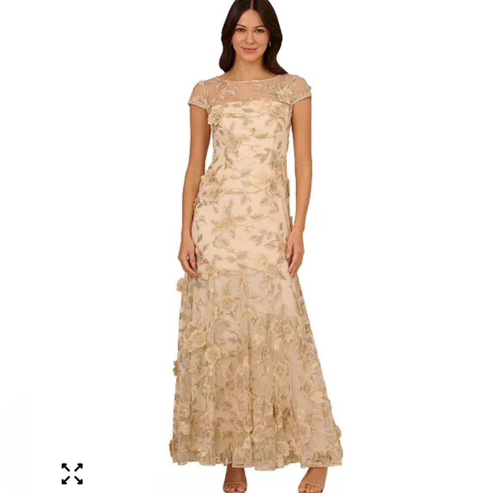 Adrianna Papell Champagne Embroidered Floral Lace Maxi Dress